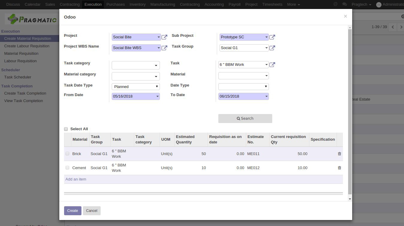 screenshot of odoo constructiom management software